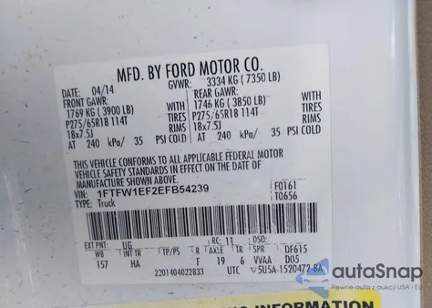 2014 Ford F-150 Lariat from USA, damaged, VIN 1FTFW1EF2EFB54239
